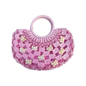 Pink Straw Crochet Butterfly Buttons Handbag